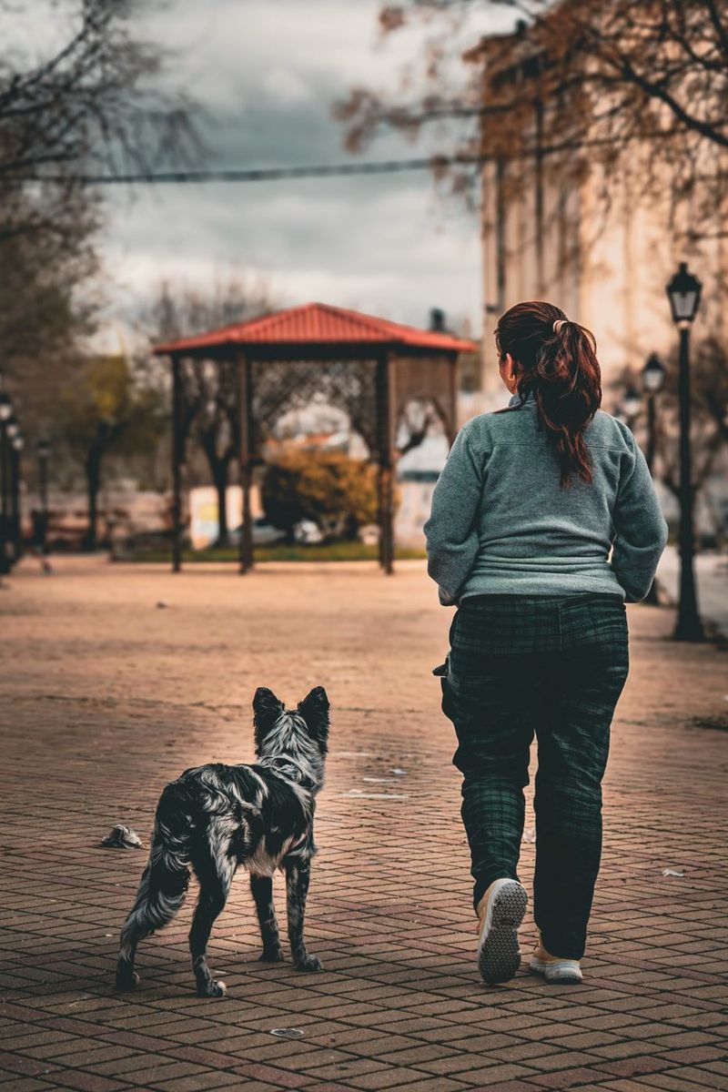 A woman walking her dog through a town square
